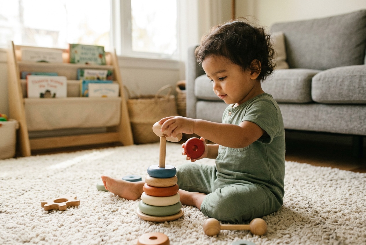 Niño pequeño jugando con juguetes de madera apilables