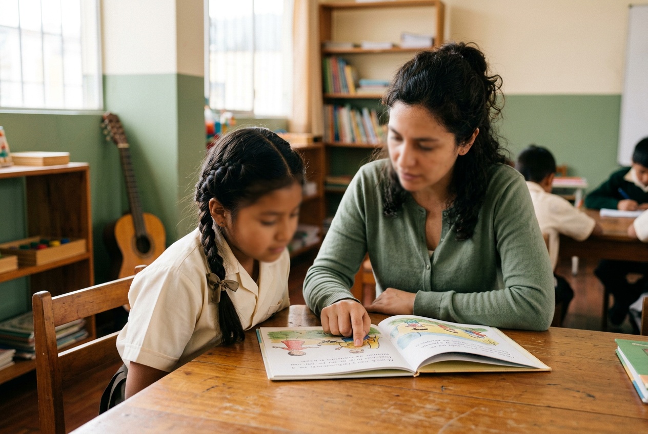 Docente y estudiante mirando un libro juntos