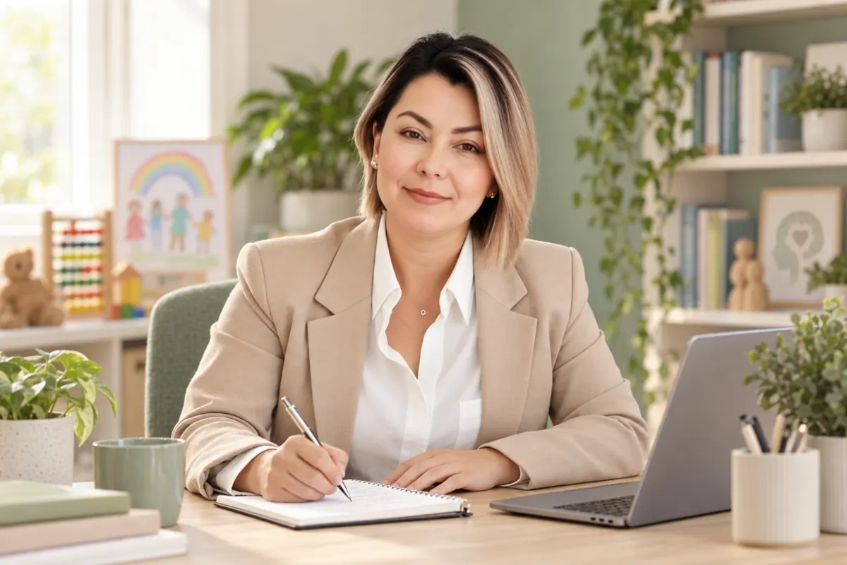 Dra. Evelyn Alvarado revisando resultados de una evaluación en su escritorio