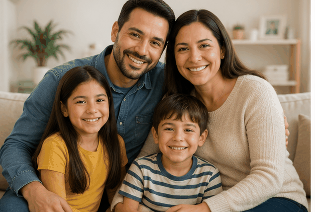 Familia feliz después de la consulta profesional